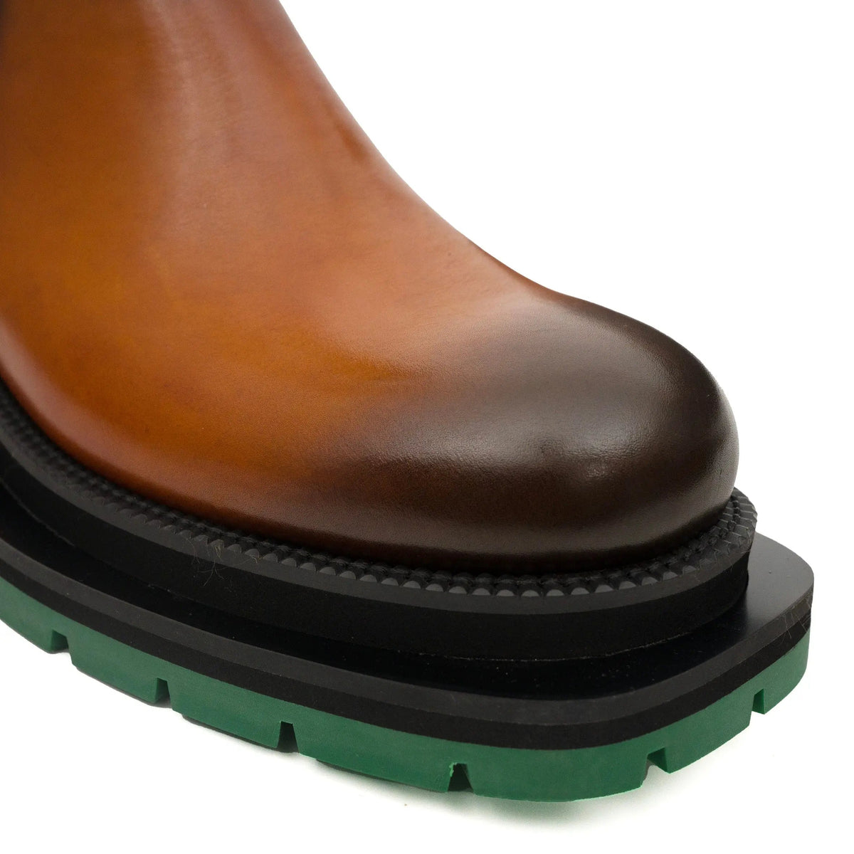 Cognac Cow Leather Buckle Ankle Boots with Green Sole