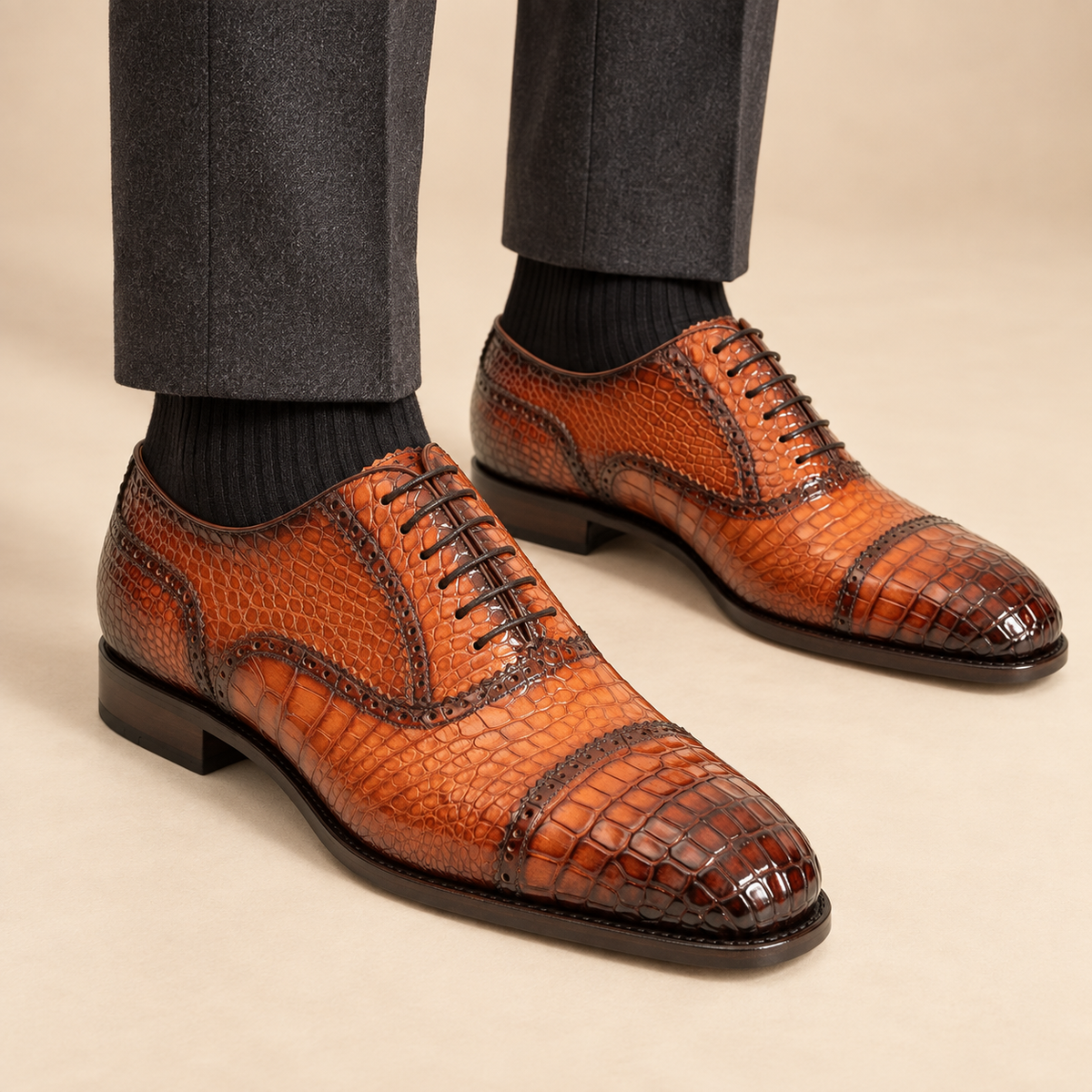 Cognac Crocodile Leather Cap-Toe Oxford Shoes