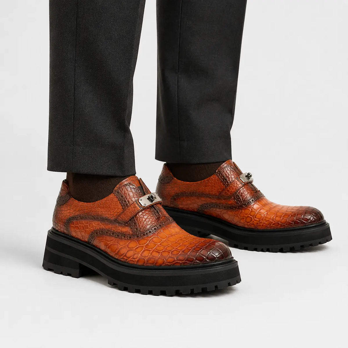 Orange-Brown Crocodile Leather Monk Shoes