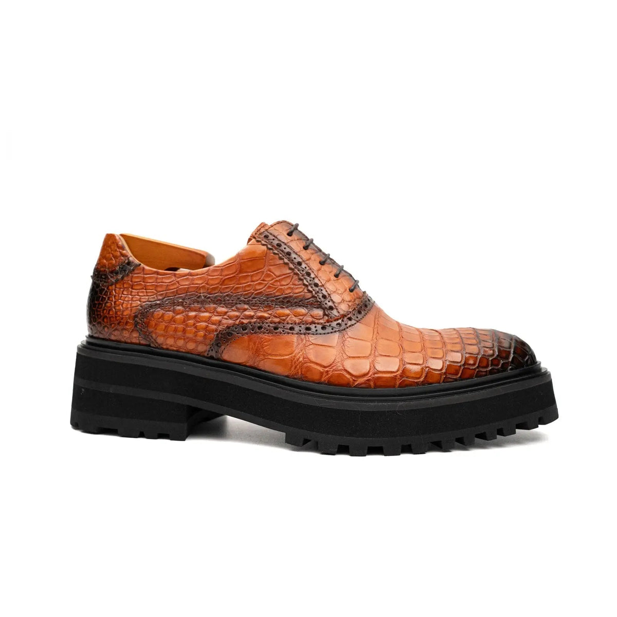 Orange-Brown Wingtip Crocodile Leather Oxford Shoes
