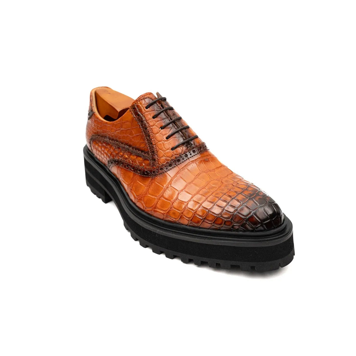 Orange-Brown Wingtip Crocodile Leather Oxford Shoes