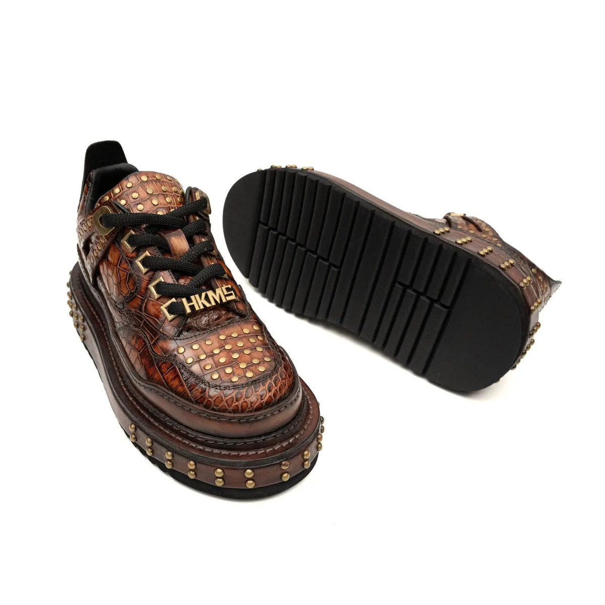 Brown Studded Crocodile Leather Sneakers