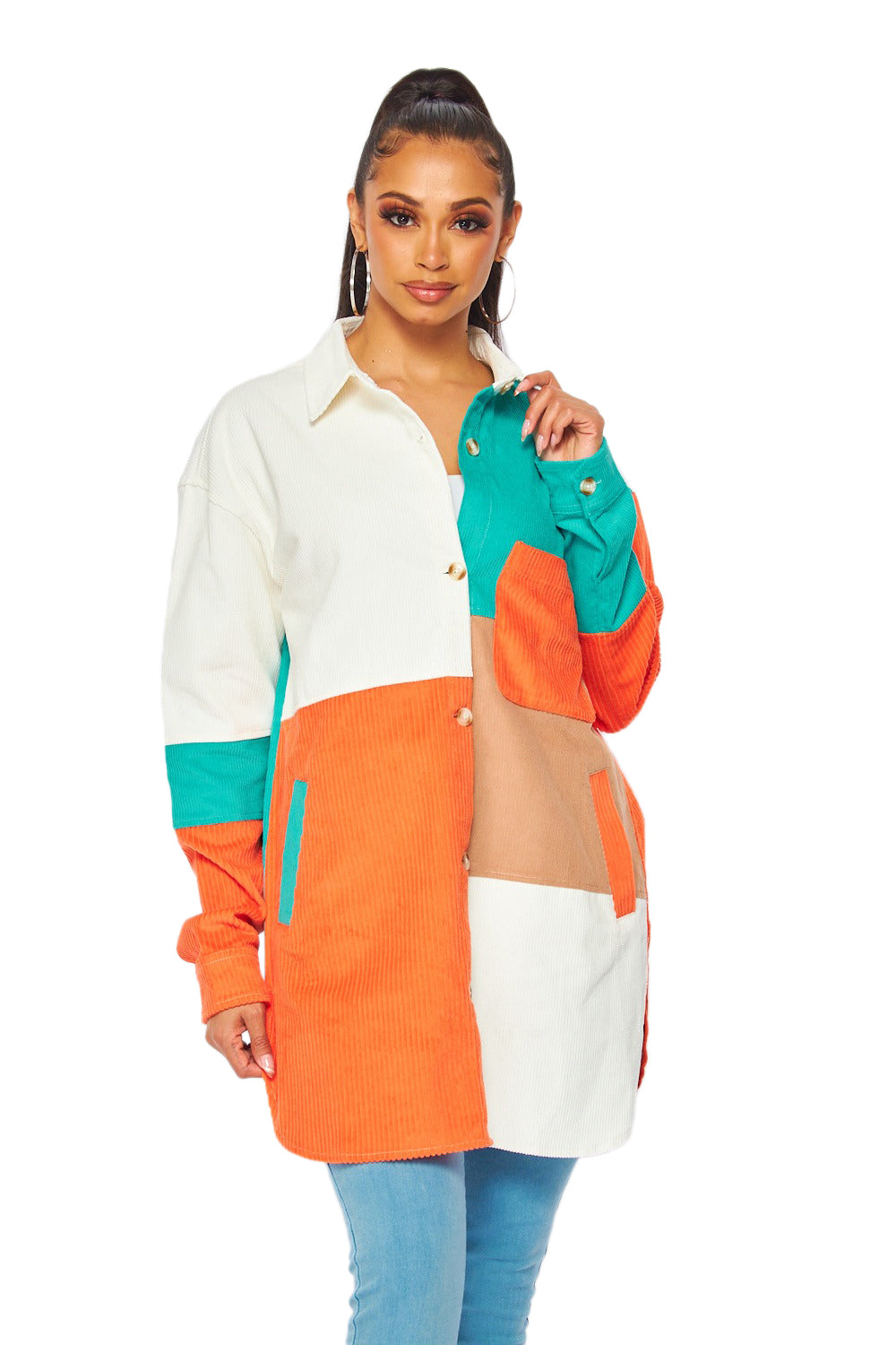 Chaqueta Camisa de Bloques de Color - Naranja