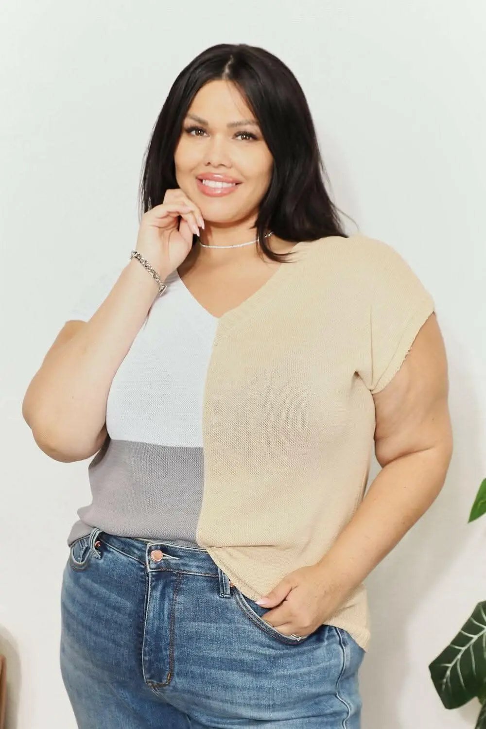 Sweaters Trendsi Color block v-neck knit top
