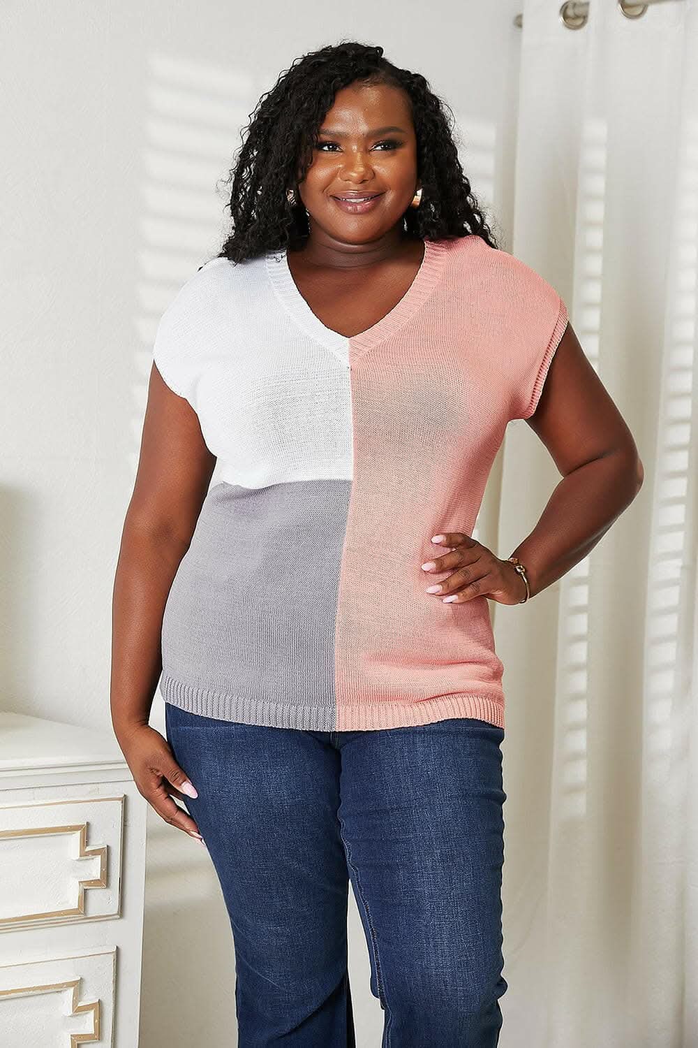 Sweaters Trendsi Color block v-neck knit top