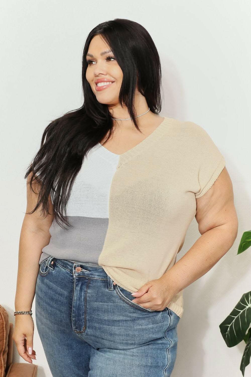 Sweaters Trendsi Color block v-neck knit top
