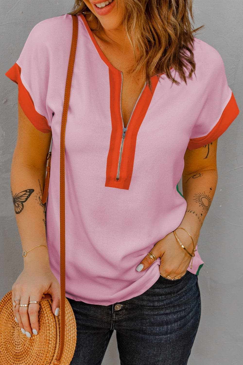 Trendsi Short Sleeve Contrast Zip-Up Top - Blush