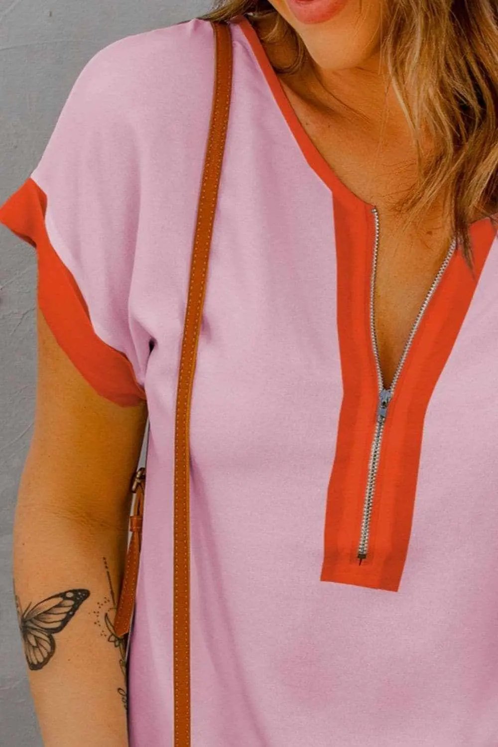 Trendsi Short Sleeve Contrast Zip-Up Top - Blush
