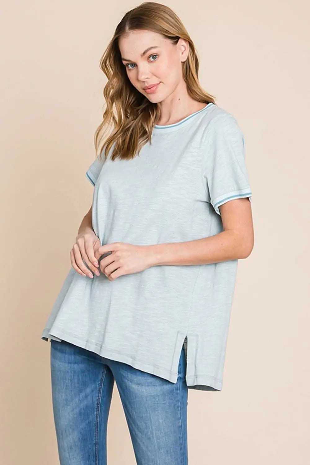T-Shirts Trendsi Cotton Bleu by Nu Lab Contrast Trim Short Sleeve S