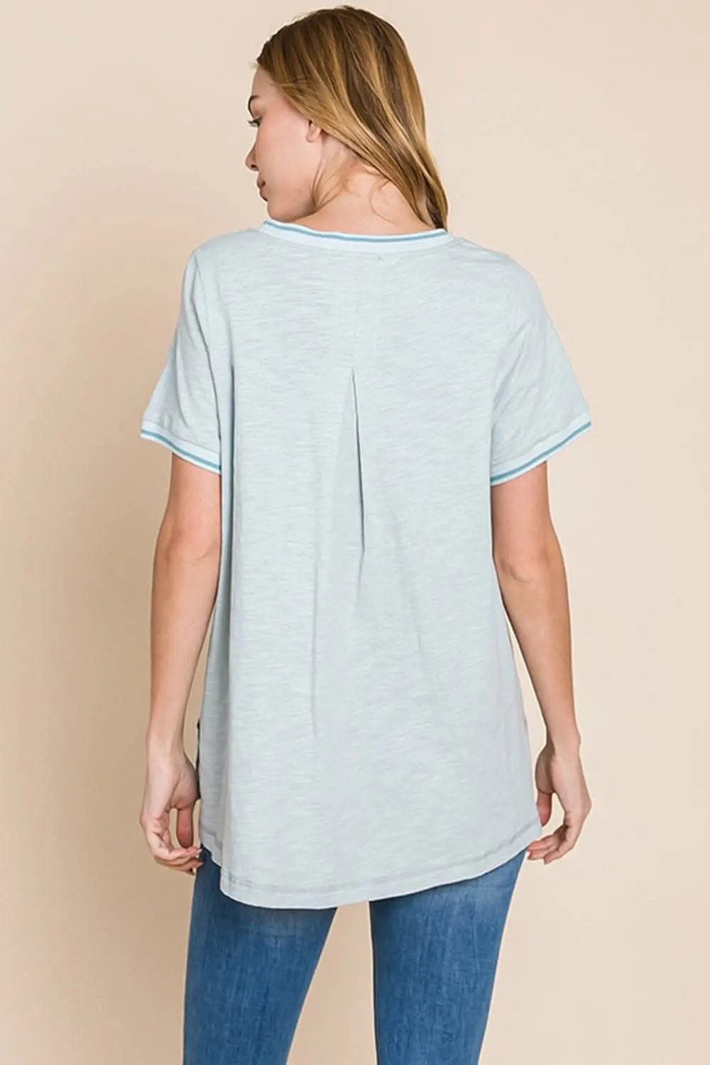 T-Shirts Trendsi Cotton Bleu by Nu Lab Contrast Trim Short Sleeve S