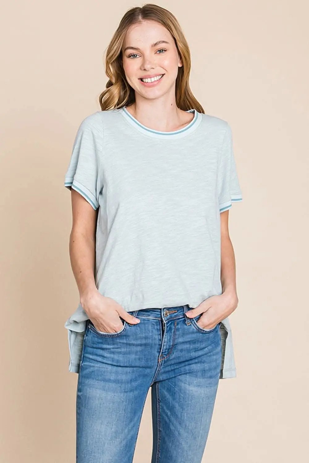 T-Shirts Trendsi Cotton Bleu by Nu Lab Contrast Trim Short Sleeve S