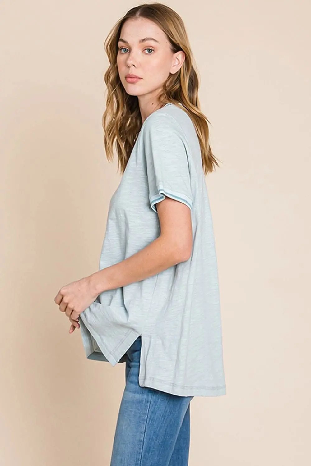 T-Shirts Trendsi Cotton Bleu by Nu Lab Contrast Trim Short Sleeve S