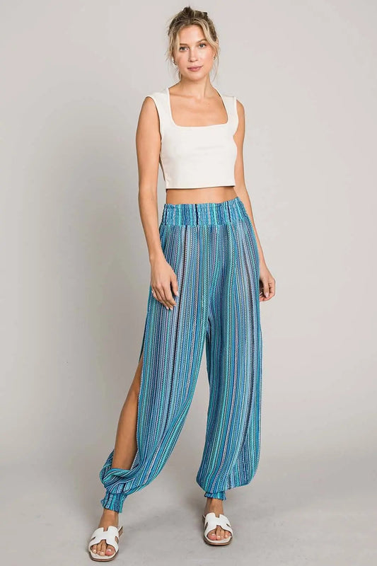 Trendsi Pantalones tipo pareo a rayas de algodón Bleu Smocked para mujer - Cómodos y ligeros