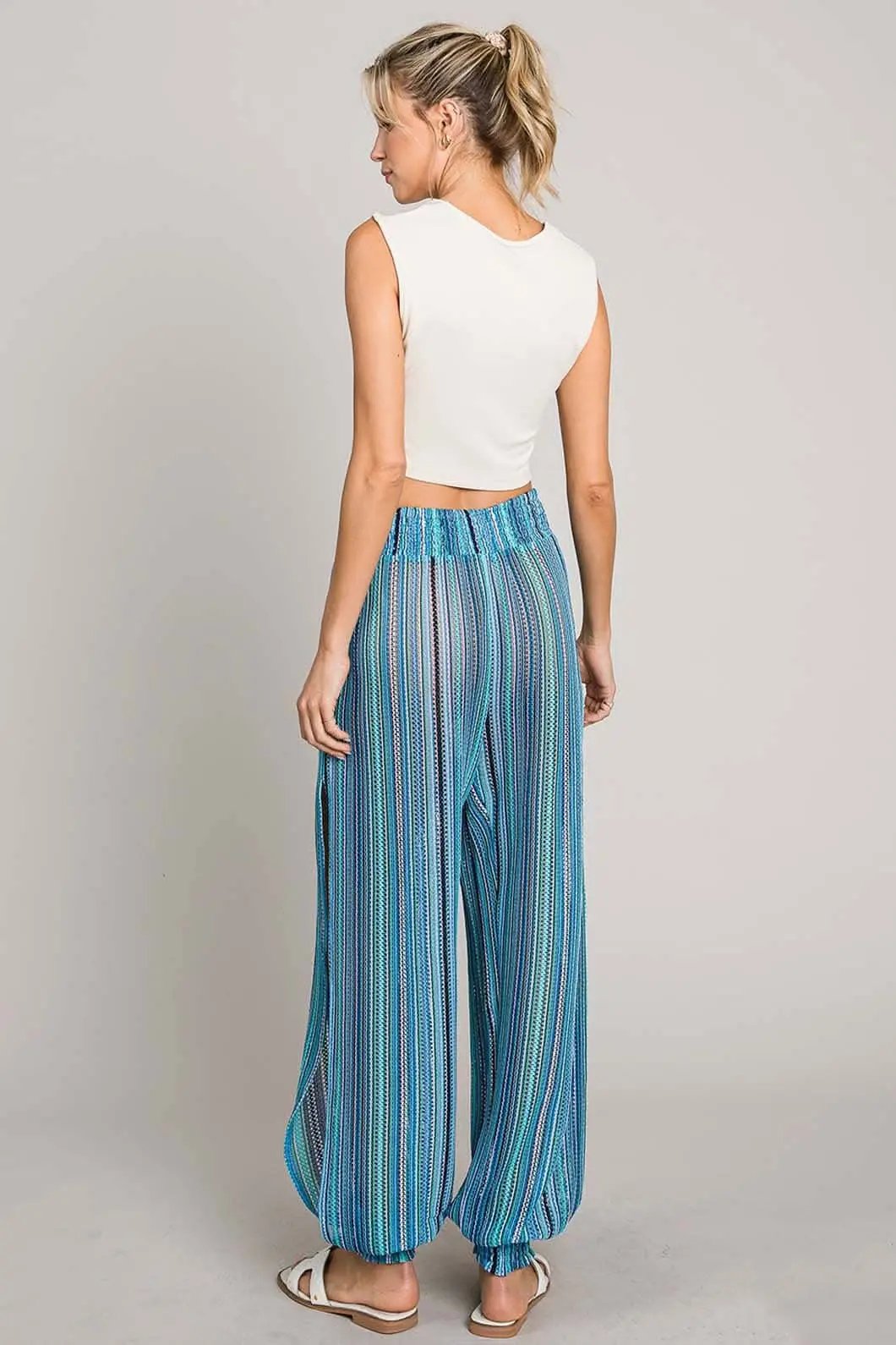 Trendsi Cotton Bleu Striped Smocked Women's Cover Up Pants - Comfy & Lightweight