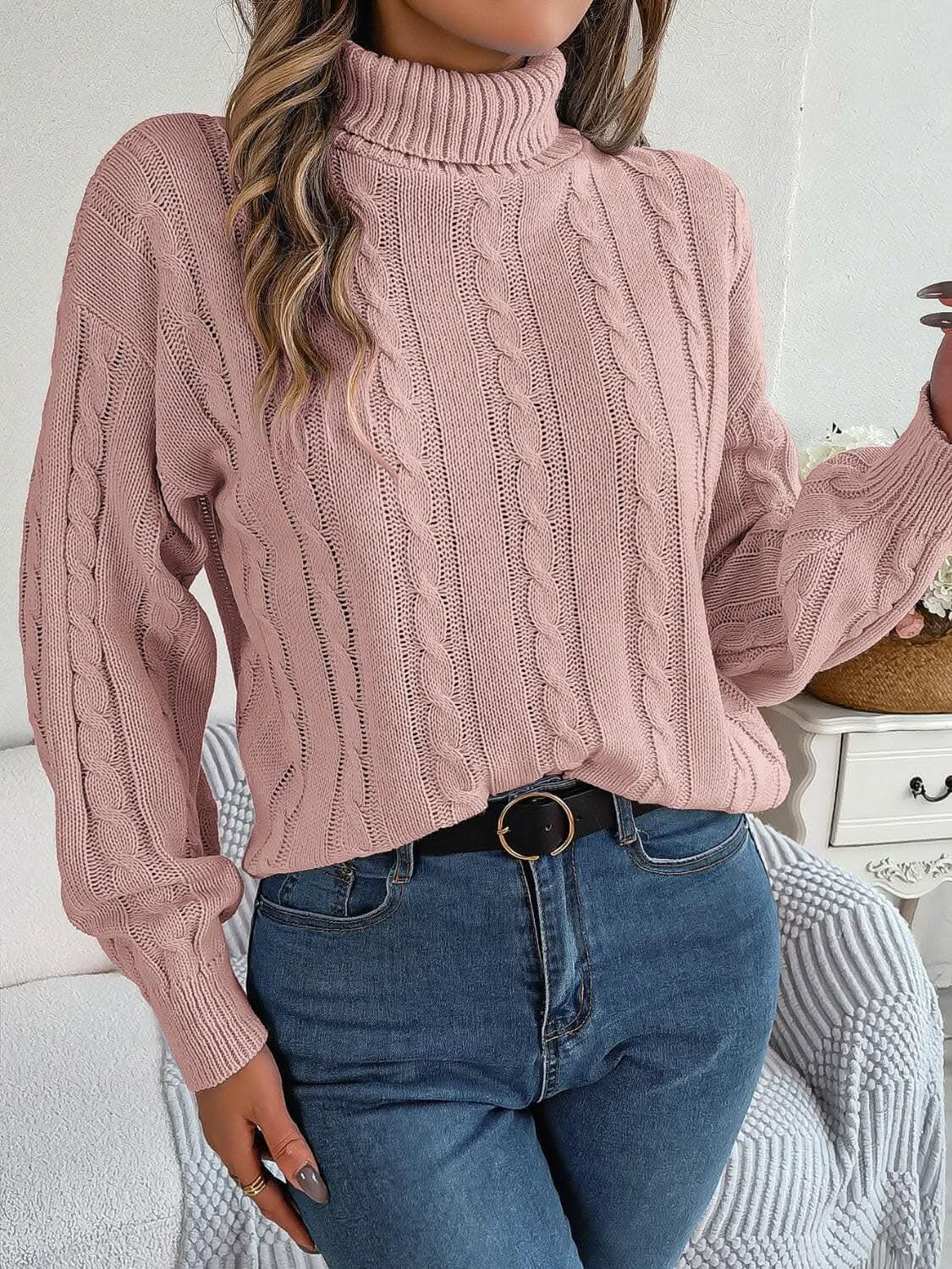 Knit Sweater Sweater - Cozy Cable-Knit - Turtleneck
