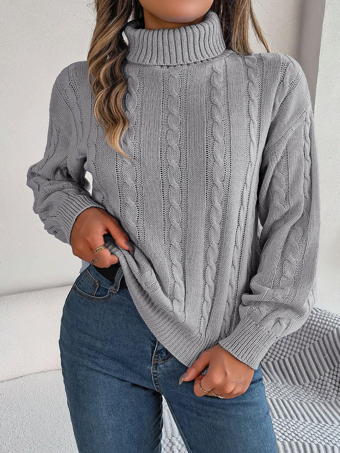 Knit Sweater Sweater - Cozy Cable-Knit - Turtleneck