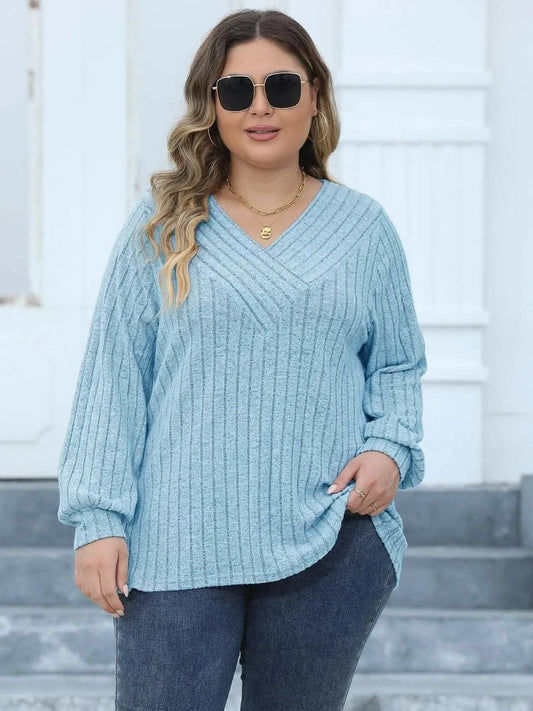 Camiseta Trendsi plus - Top acanalado con cuello en V acogedor para curvas