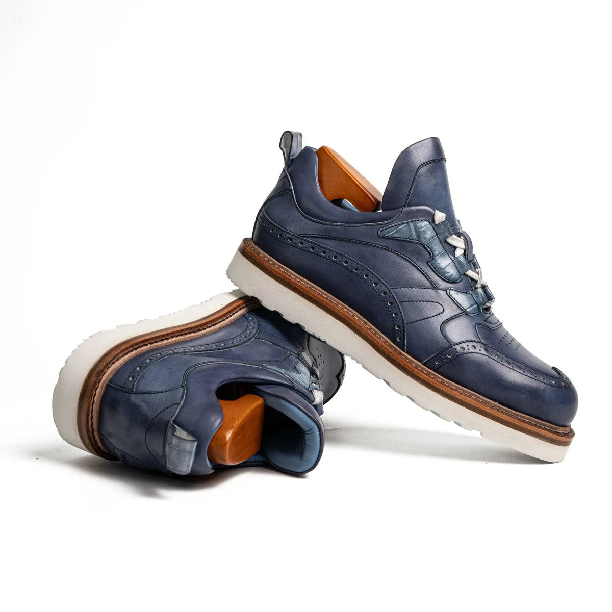 Blue Wingtip Cow Leather Sneakers
