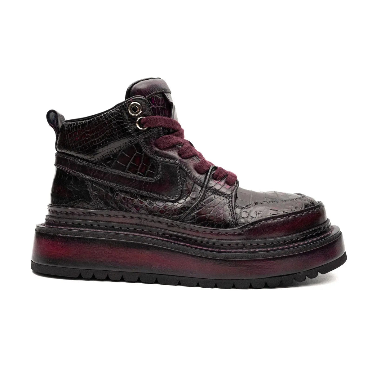 Burgundy Platform Crocodile Leather Sneakers