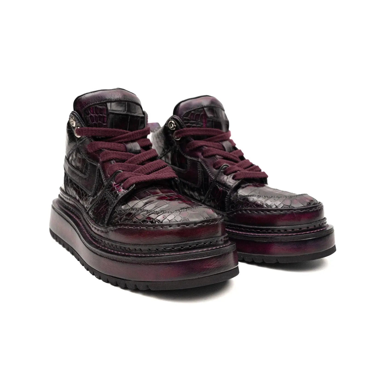 Burgundy Platform Crocodile Leather Sneakers