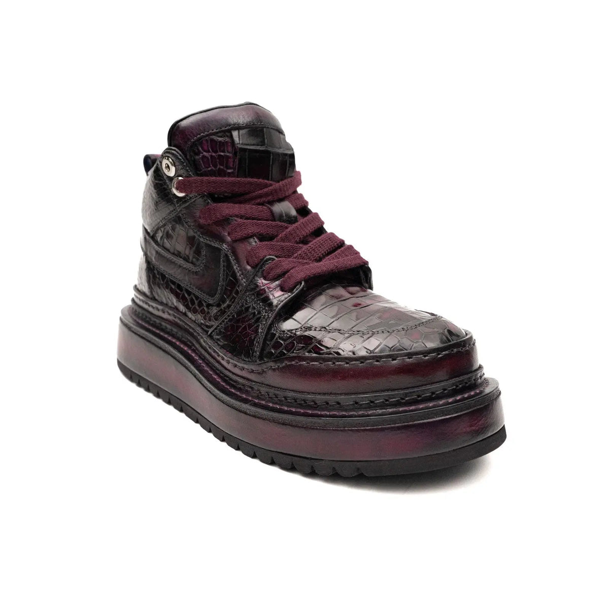 Burgundy Platform Crocodile Leather Sneakers