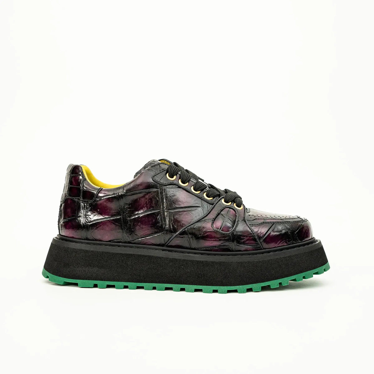 Burgundy-Black Apron-Toe Crocodile Leather Sneakers