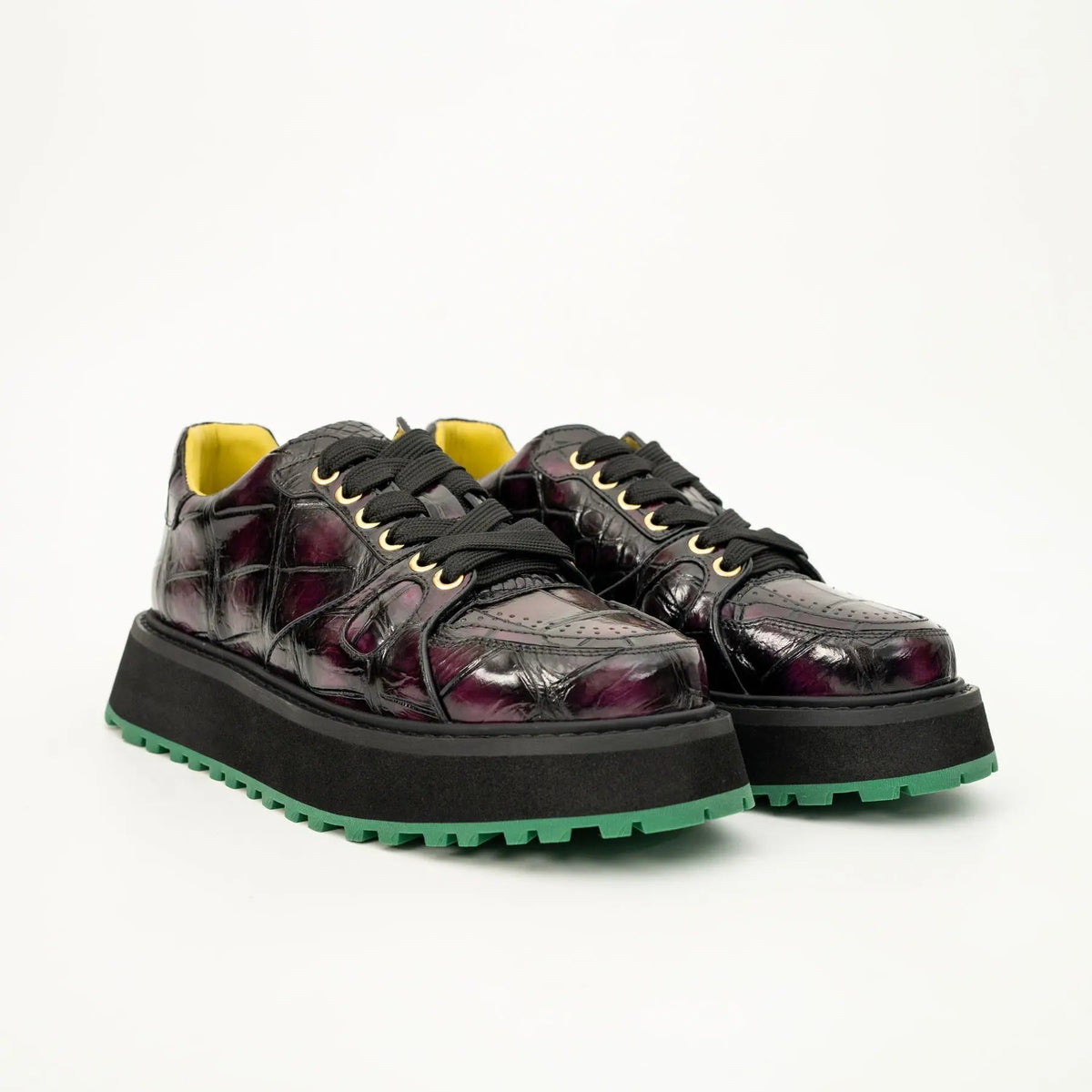 Burgundy-Black Apron-Toe Crocodile Leather Sneakers