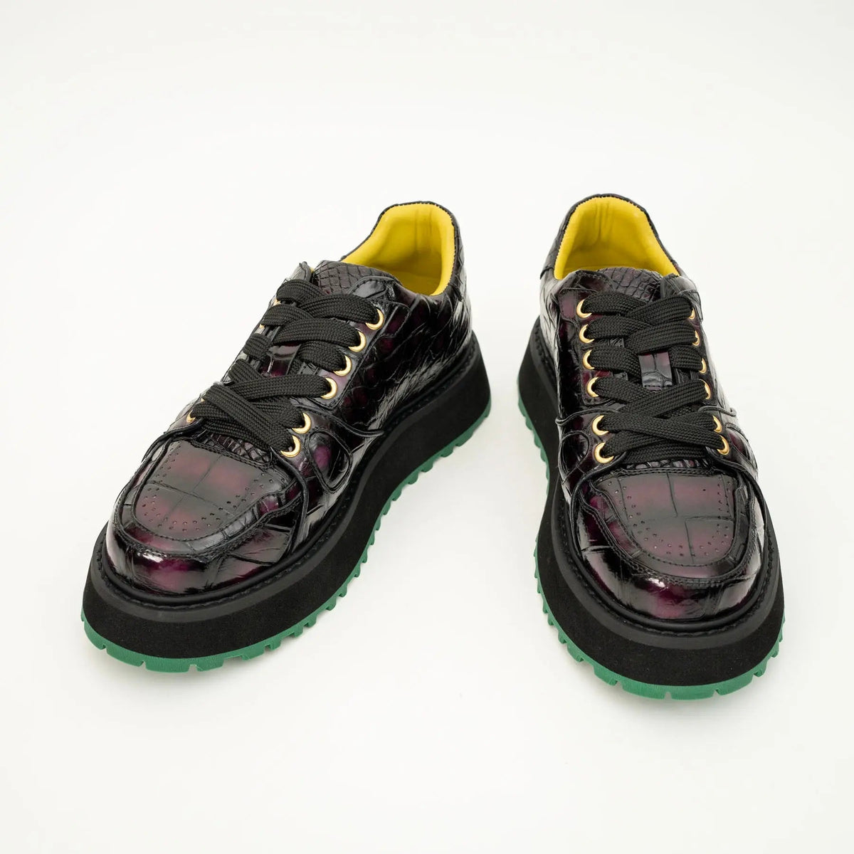 Burgundy-Black Apron-Toe Crocodile Leather Sneakers