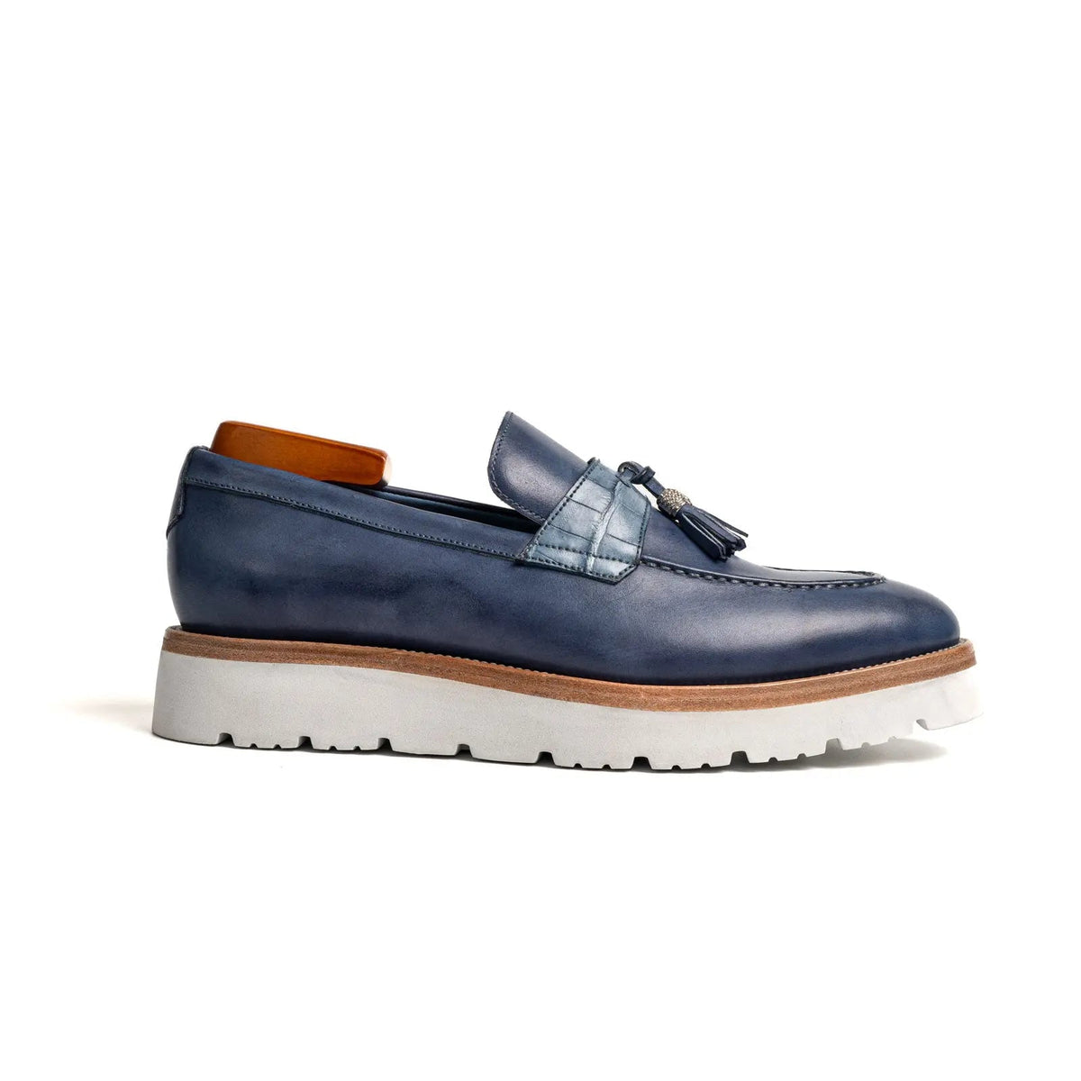 Blue Calf & Crocodile Leather Tassel Loafers