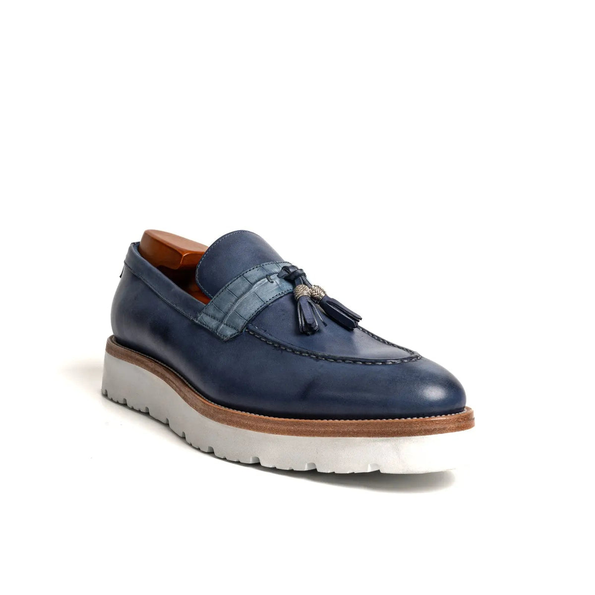 Blue Calf & Crocodile Leather Tassel Loafers