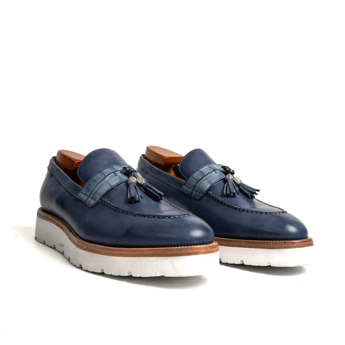 Blue Calf & Crocodile Leather Tassel Loafers