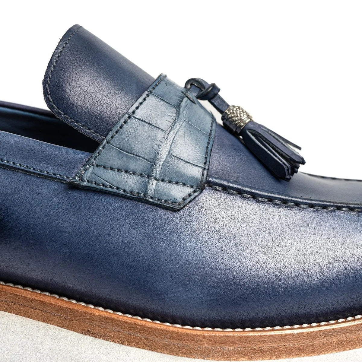 Blue Calf & Crocodile Leather Tassel Loafers