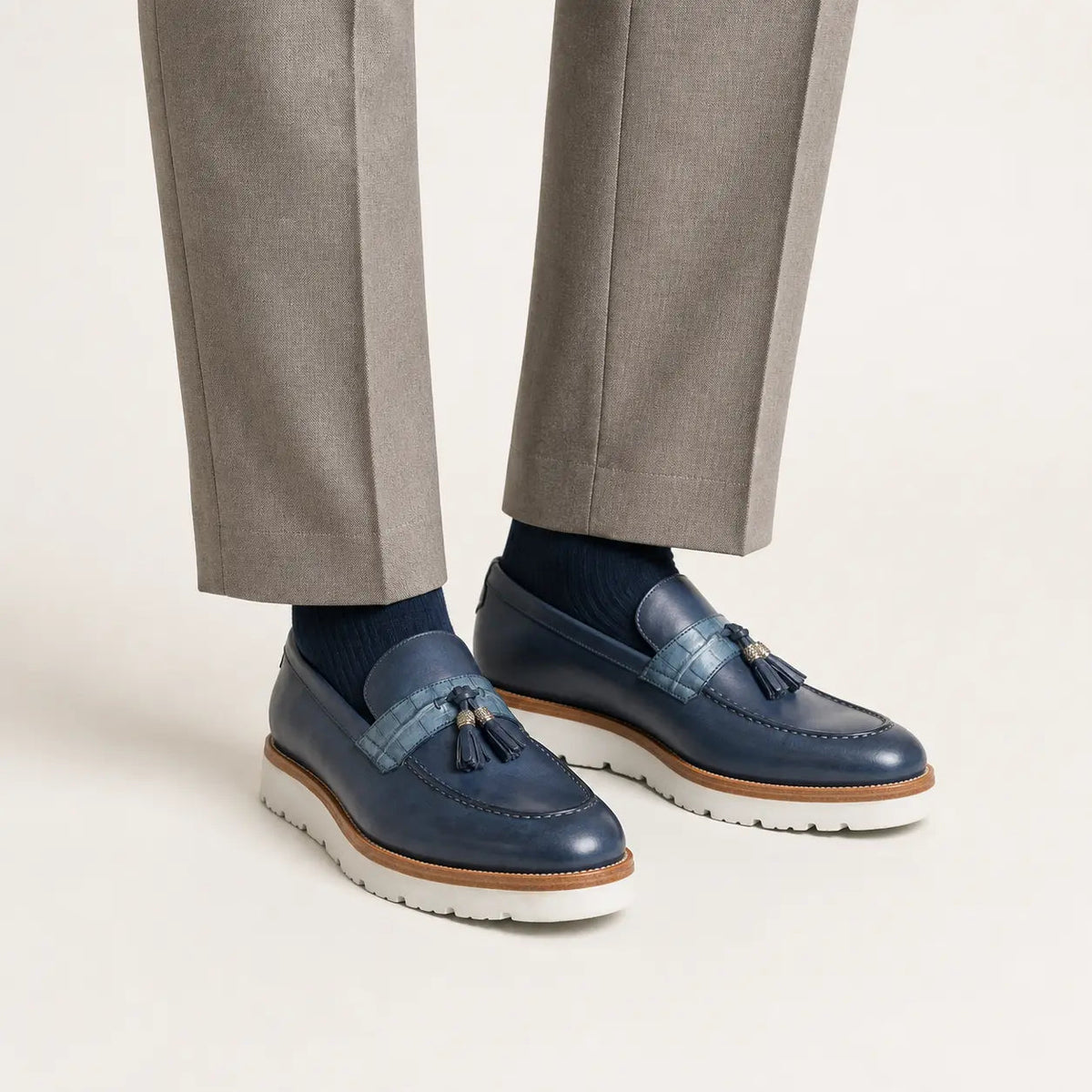 Blue Calf & Crocodile Leather Tassel Loafers