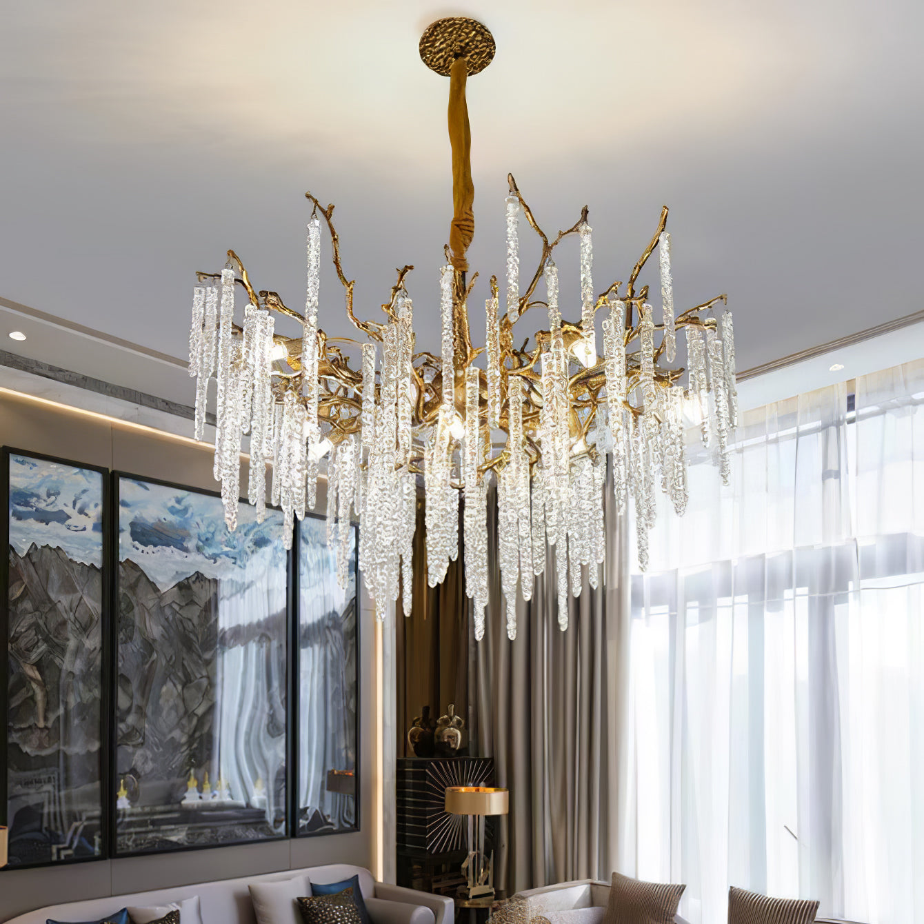 Candelabro de latón con ramas de carámbanos de cristal