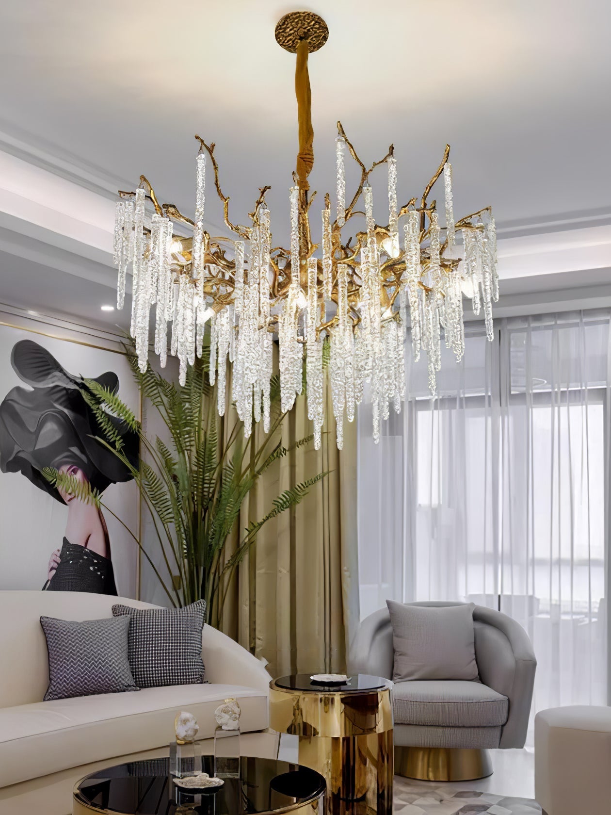 Candelabro de latón con ramas de carámbanos de cristal