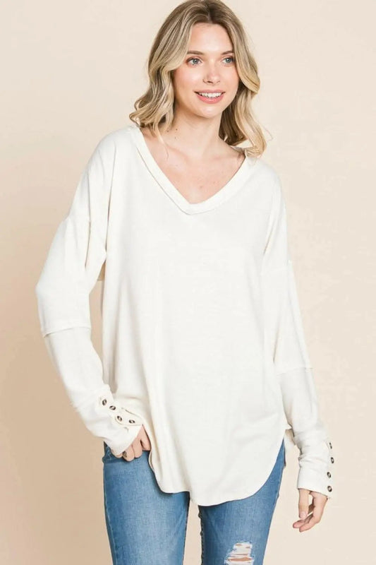 Pants Trendsi usa - Culture Code Full Size V-Neck Dropped Shoulder Blouse