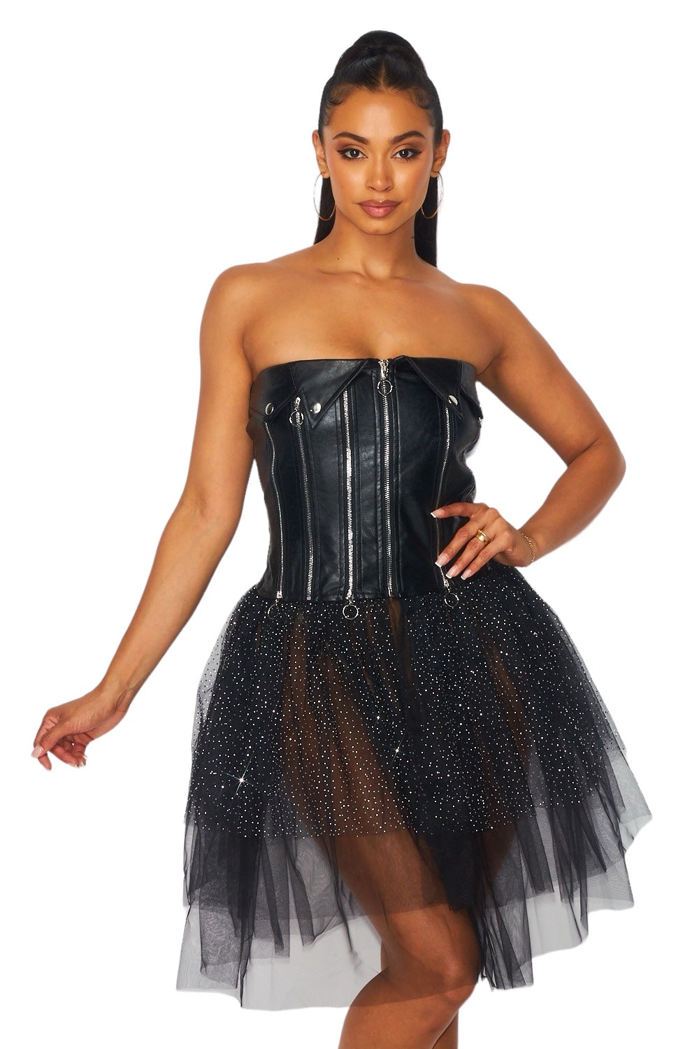Vestido tubo de tul con cremallera de cuero vegano