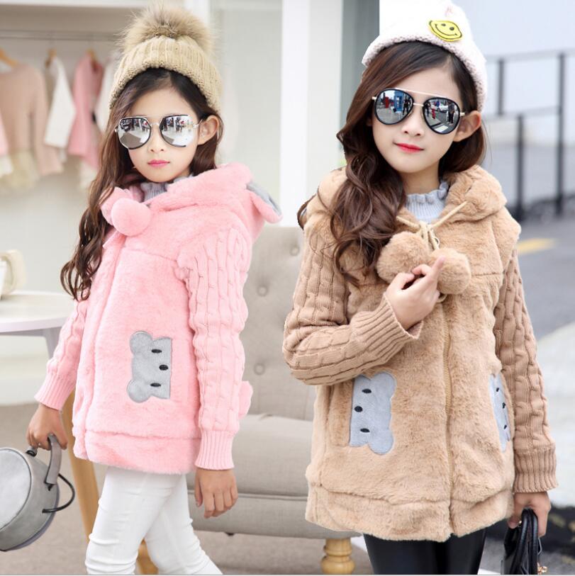 Lovely little bear Winter Girls clothing Faux Fur Fleece Coat Warm Jacket Xmas Snowsuit Outerwear Children kids Clothes parka