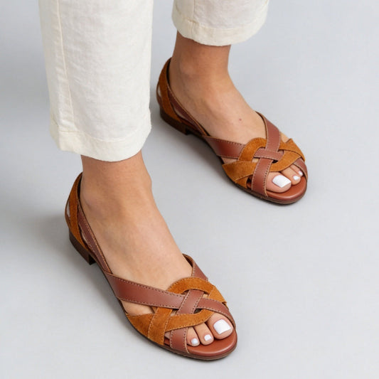 Women's Woven Peep Toe Flat Sandals – Cut-Out Sides & Crisscross Straps