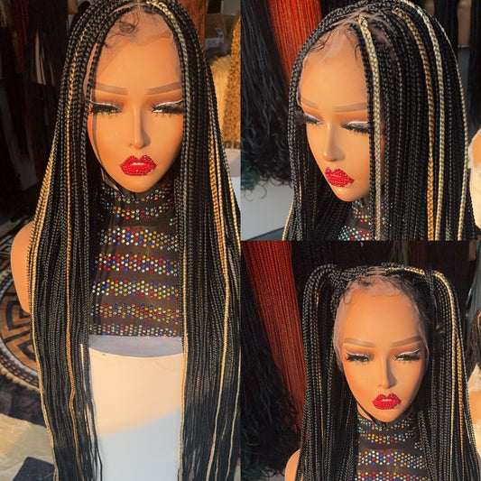 Peluca trenzada sin nudos negra con mechas