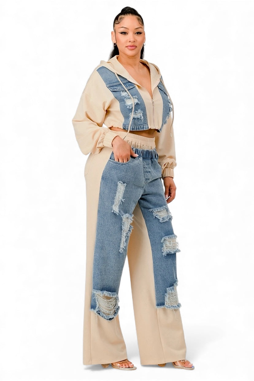 Conjunto de Sudadera con Capucha y Pantalones Anchos de Mezclilla con Retazos