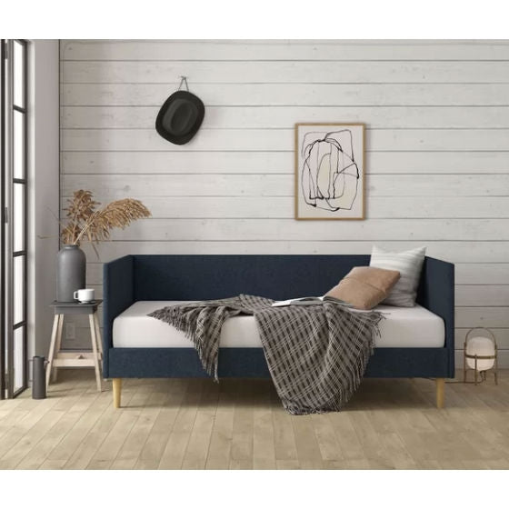 Sofá cama doble tapizado en lino azul oscuro de mediados de siglo