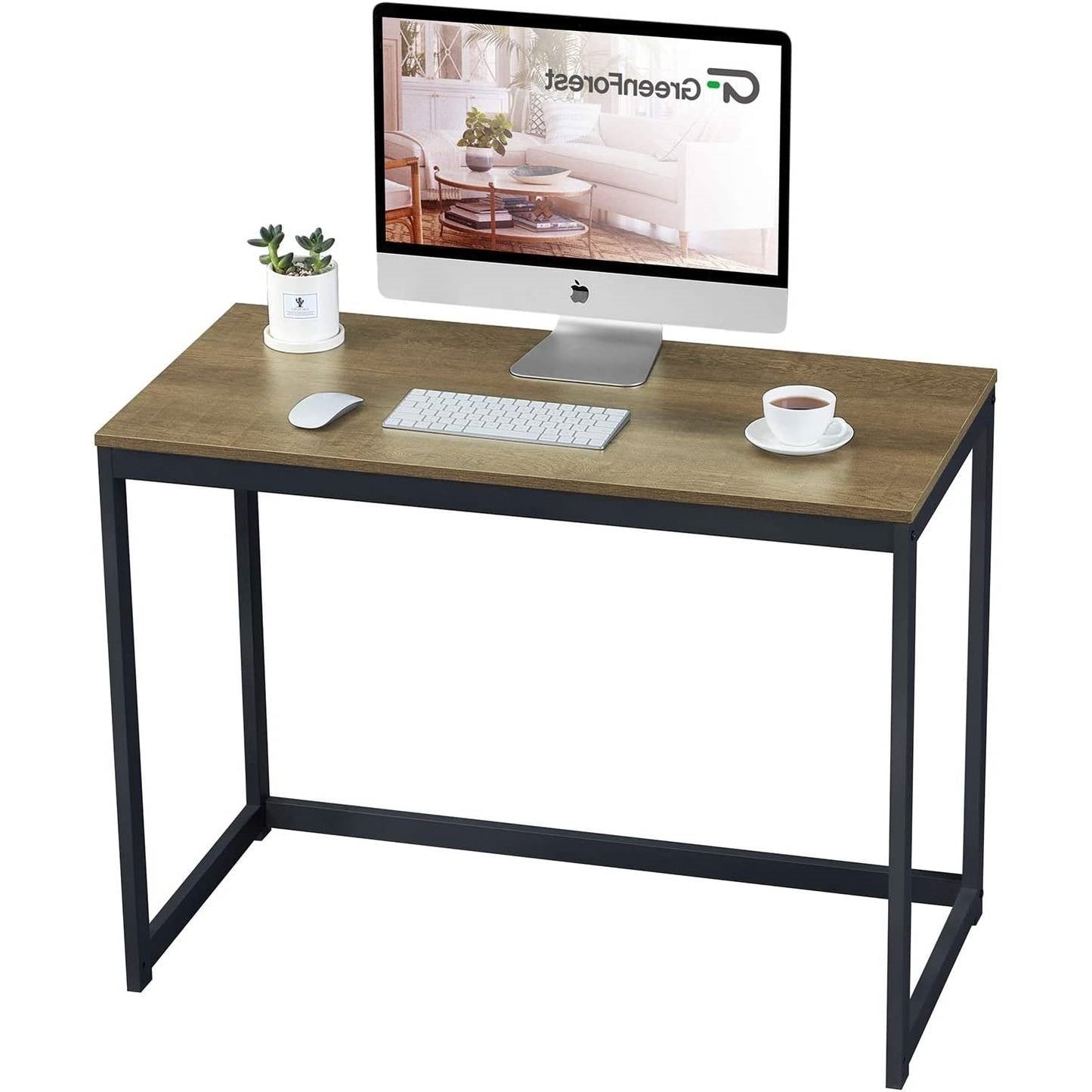 Escritorio para portátil pequeño, moderno, para oficina en casa, con estructura metálica y superficie de madera marrón