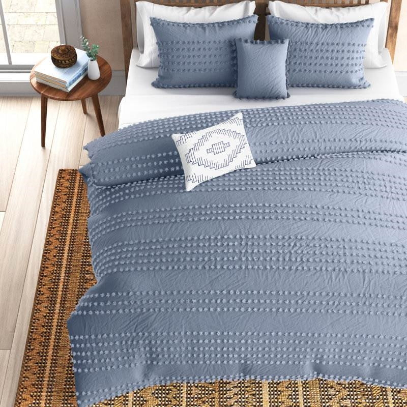 Juego de edredón King de 5 piezas 100 % algodón con puntos en relieve estilo bohemio en azul denim