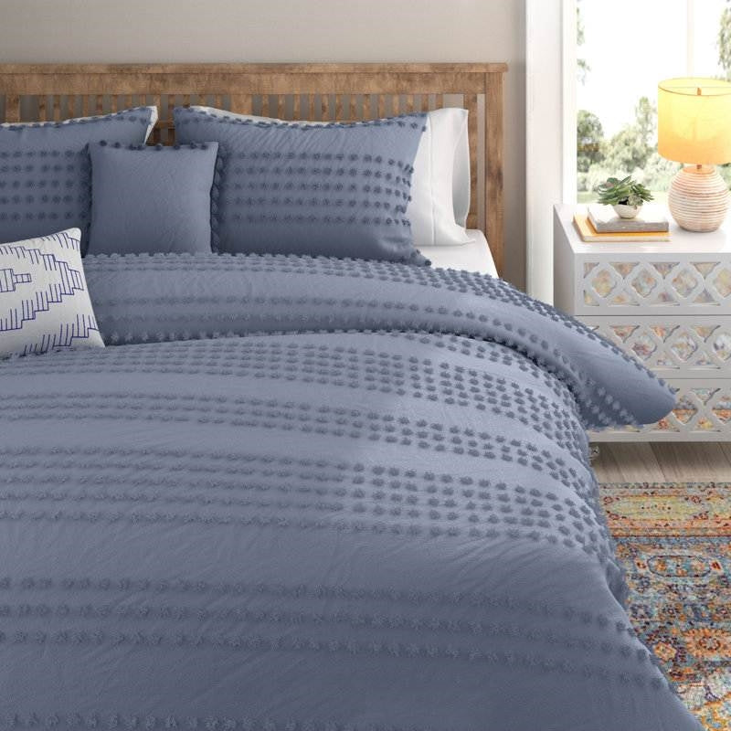 Juego de edredón King de 5 piezas 100 % algodón con puntos en relieve estilo bohemio en azul denim
