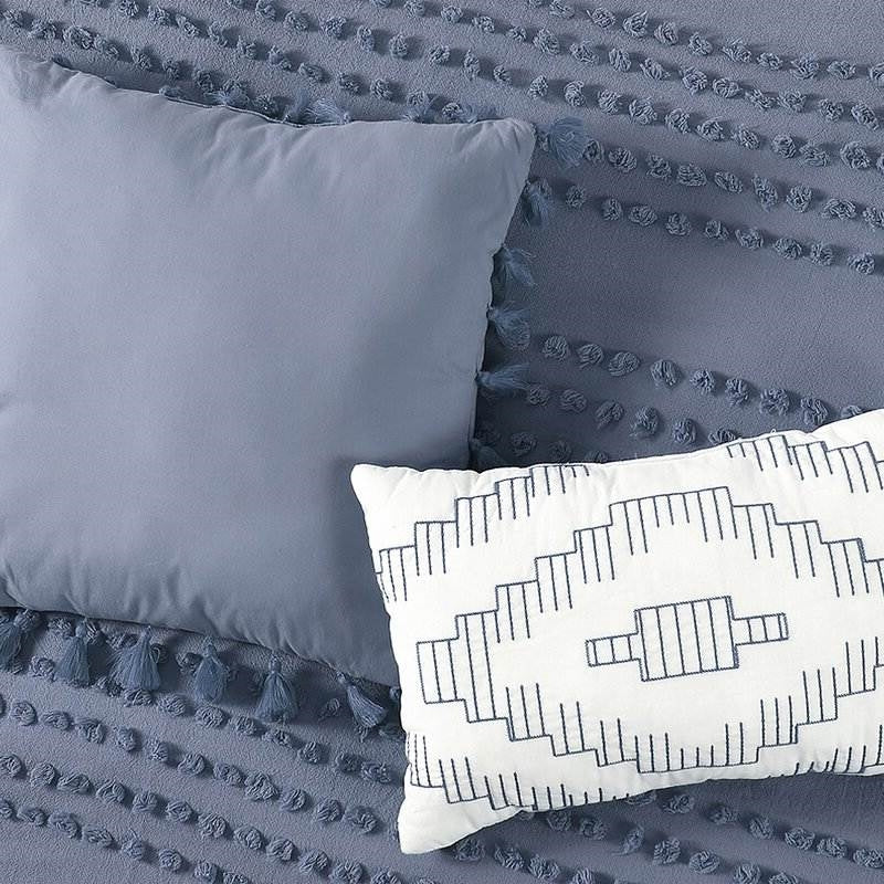Juego de edredón King de 5 piezas 100 % algodón con puntos en relieve estilo bohemio en azul denim