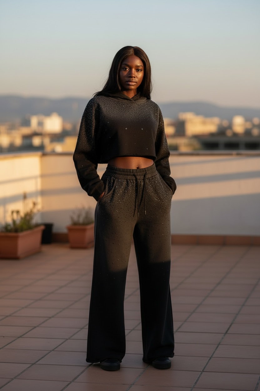 Conjunto de sudadera corta con capucha y diamantes de imitación degradados