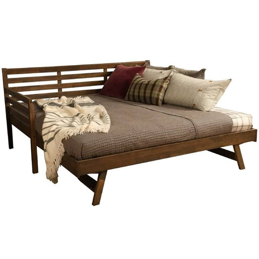 Estructura de diván de madera maciza con cama nido doble elevable en acabado nogal
