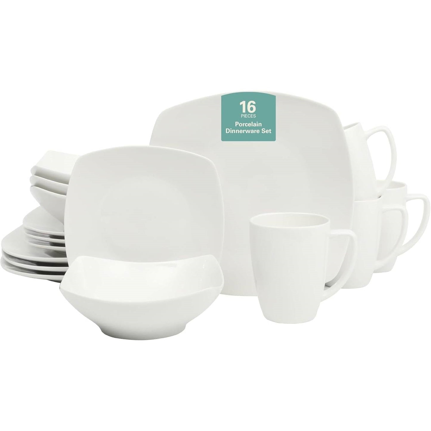 Juego de Vajilla Cuadrada de Porcelana Blanca de 16 Piezas - Servicio para 4