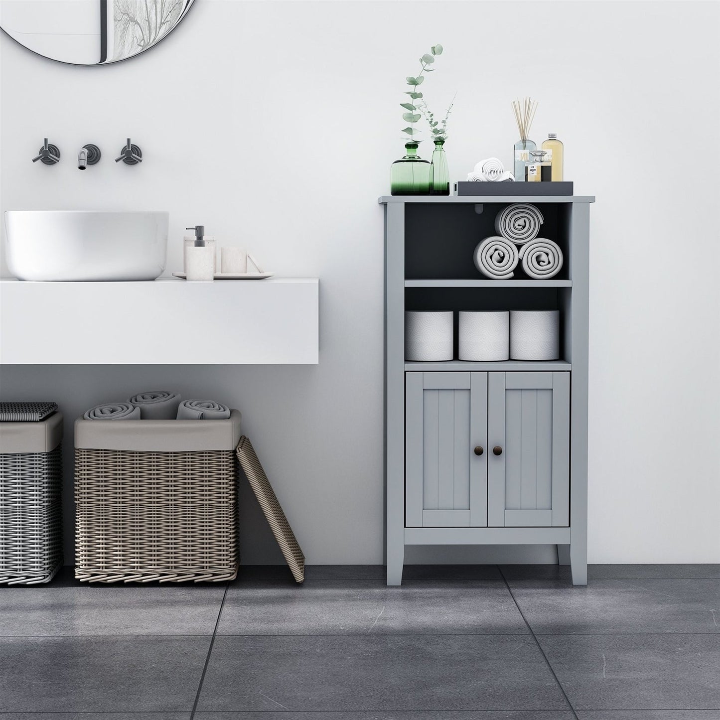 Mueble de baño de suelo con estantes ocultos de 2 niveles, color gris